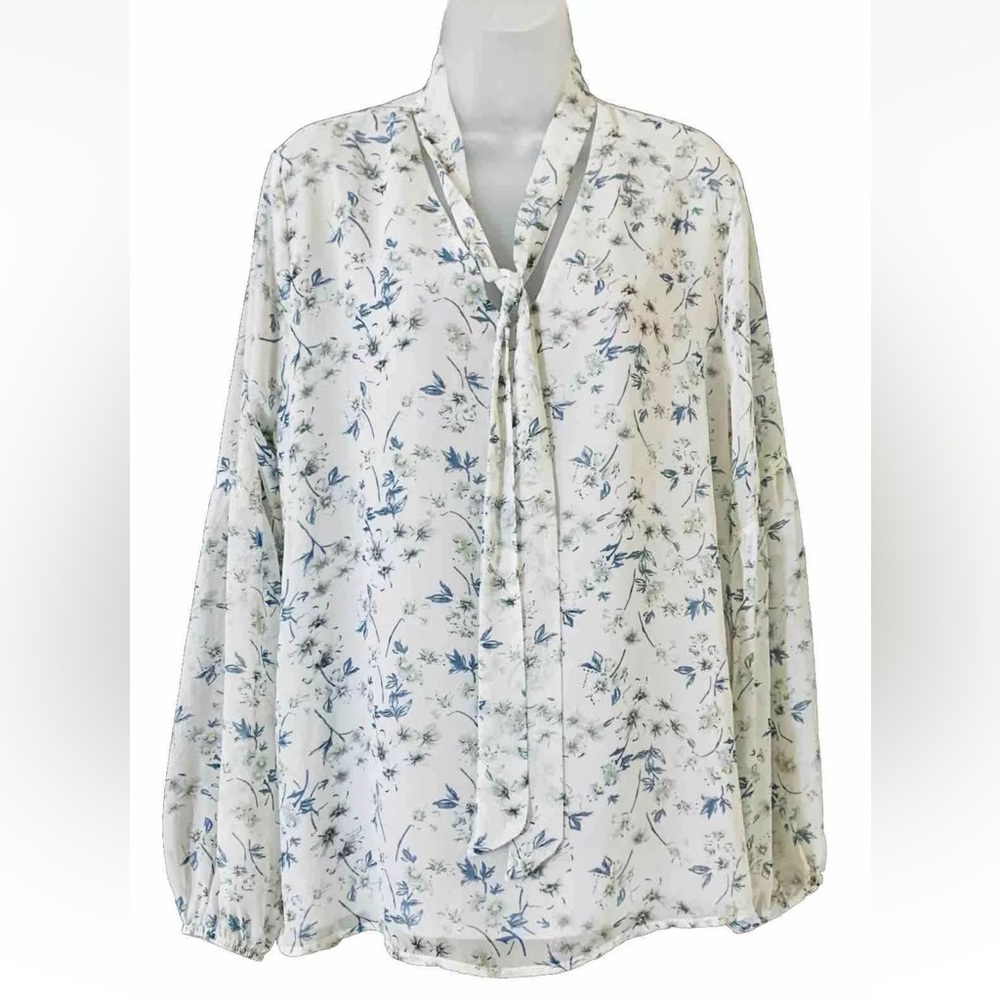 UMGEE Floral Blouse Womens Size L Tie Neck Top Ditsy Cottagecore Semi Sheer